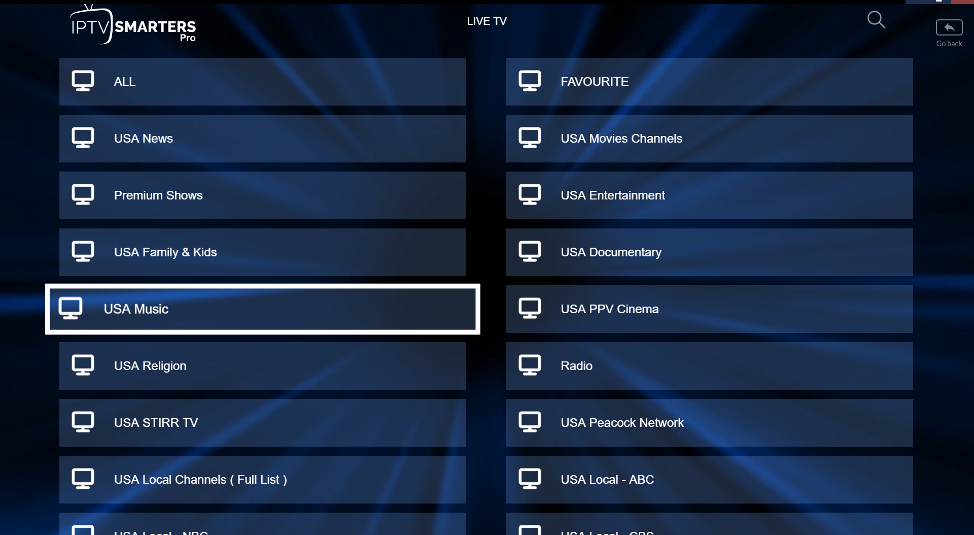 Select live TV channel group in IPTV Smarters
