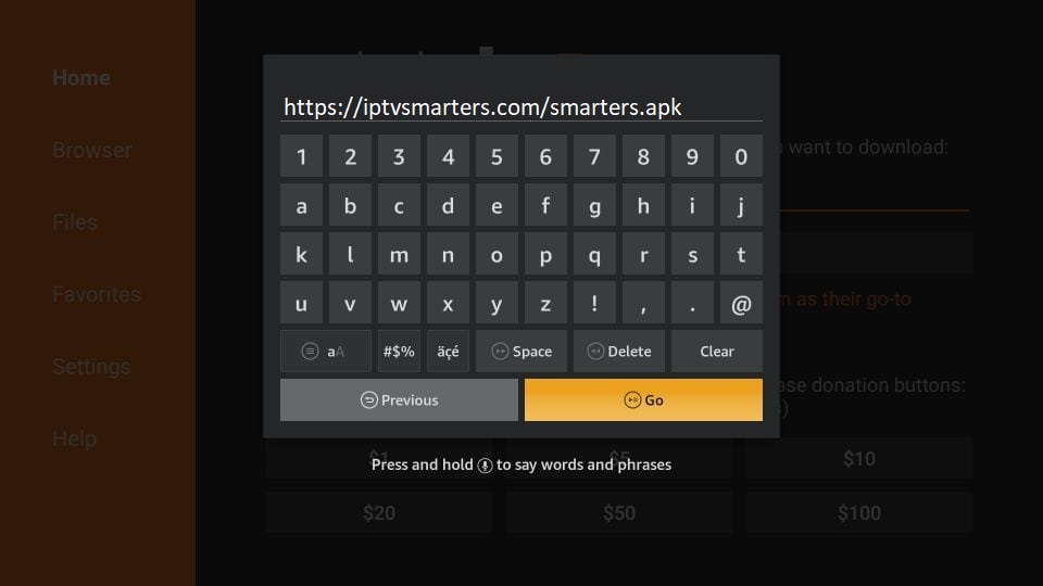 Enter IPTV Smarters download URL in Downloader